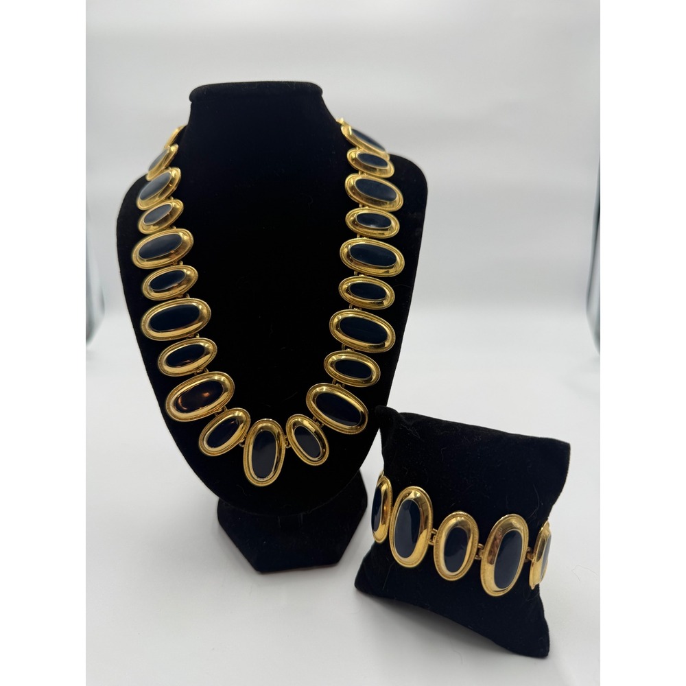Vintage Gold Tone Black Cabochon Statement Necklace Bracelet Set Toggle Clasp